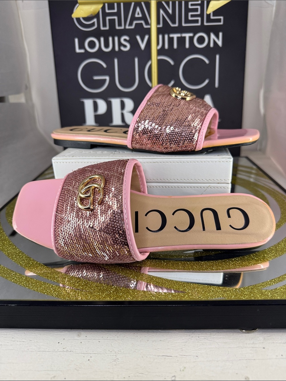 Gucci Pink Sequin GG Slide Sandals with Gold Logo